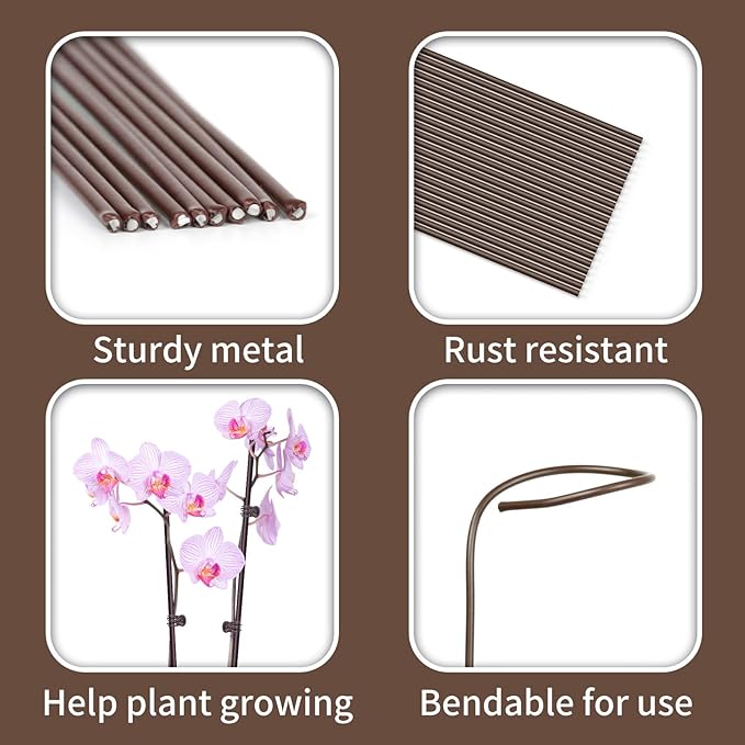 10Pcs Plant Support Stakes with 15 Pcs Plant Clips, Plant Sticks for Indoor and Outdoor Plants, Orchid Clips and Stakes,16inch Tall Bendable Single Stem Flower Stakes Bendable (10, Brown-16inch)