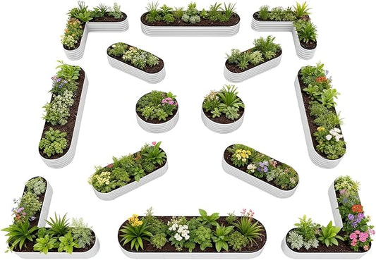 A ANLEOLIFE 14-Piece 18 Inch Tall Raised Garden Beds Kit, Heart-Shaped, Long Oval & Round Metal Planters – Ideal for Creative Garden Layouts, Antique White