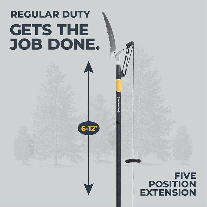 WOODLAND TOOLS 12 Foot Tree Pruner – Extendable Pole Pruner with Bypass Cutting Head, Saw Blade, Double Lock System, Fiberglass and Aluminum Poles, Cord Management, Compound Pulley System