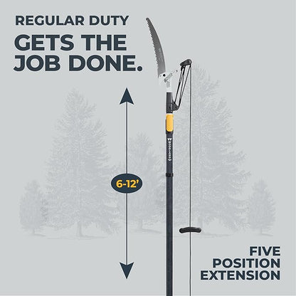 WOODLAND TOOLS 12 Foot Tree Pruner – Extendable Pole Pruner with Bypass Cutting Head, Saw Blade, Double Lock System, Fiberglass and Aluminum Poles, Cord Management, Compound Pulley System