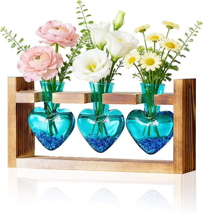 Nacome Plant Terrarium Propagation Stations: Birthday Gifts for Plant Lovers Women Mom Wife Daughter - 3 Bulb Glass Vase with Wooden Stand Tabletop for Hydroponics Home Garden Wall Decor