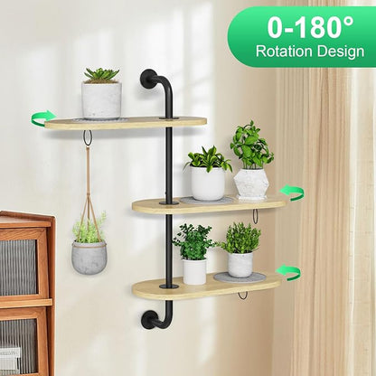 Rotating Window Plant Shelves with 3 Anti-slip Mats, 3 Tier Plant Stand Indoor Outdoor, Wooden Window Plant Shelf with 3 Circle Hook, Hanging Plant Holder for Window, Potted Plants, Flowerpots (Oak Color, 3 Tier)