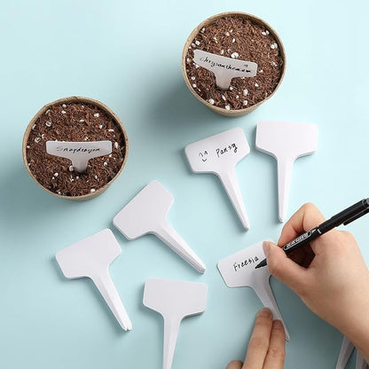 500 Pack Plant Labels T-Shape, 4 Inch Potted Plant Name Tags Plastic, Seedlings Seed Markers Nursery Plant Stake Tag with Marking Pen for Outdoor Indoor Garden Patio Flower Vegetable, White
