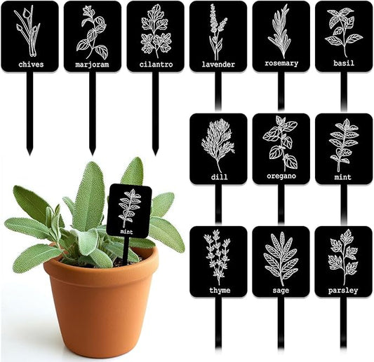 Whaline 24Pcs Acrylic Plant Label Signs 12 Styles Garden Herb Markers Plant Stake Tags Black Waterproof Tags with Herb Names for Nursery Indoor Outdoor Garden Decoration