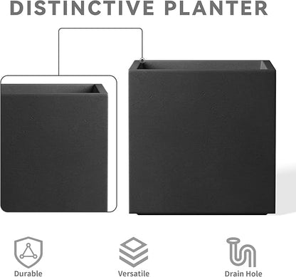 Kante 10 Inch Square Concrete Planter for Outdoor Indoor Home Patio Garden, Large Plant Pot with Drainage Hole and Rubber Plug, Black