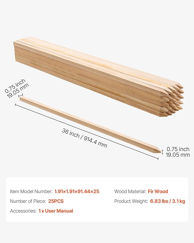 VEVOR Wooden Garden Stakes, 25 Pcs 36x0.75x0.75 in Survey Grading Stakes, Garden Ground Stake with Sharp Point, Fir Wood Plant Support Stake, Sign Posts for Silt Fence Backyard Boundaries Baselines