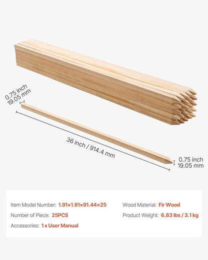VEVOR Wooden Garden Stakes, 25 Pcs 36x0.75x0.75 in Survey Grading Stakes, Garden Ground Stake with Sharp Point, Fir Wood Plant Support Stake, Sign Posts for Silt Fence Backyard Boundaries Baselines
