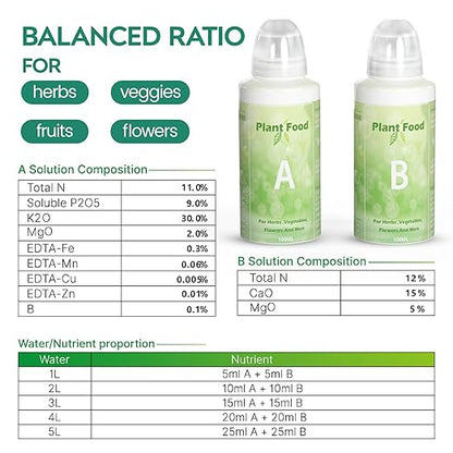 Plant Food A & B Hydroponics Nutrients, Indoor Plant Fertilizer Foodfor Hydroponics Growing System, Vegetable Fertilizer, Hydroponics Supplies, 2 Bottles 100ml A Solution and 100ml B Solution
