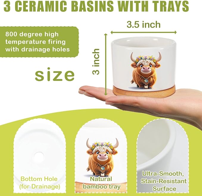 Highland Cow Planters for Indoor Plants – 1350°C Kiln-Fired Fine Ceramic Succulent Planter Set of 3, Funny Animal Pots for Room, Bathroom, Yoga, Meditation Decor (No Plant Included)