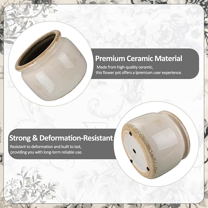 7.7″ Large Vintage Ceramic Plant Pot Pure Beige Rustic Planter with Ice Crackle Glaze & Drainage Hole for Indoor Outdoor Plants Farmhouse Home Kitchen Office Decor Gift for Women Teacher