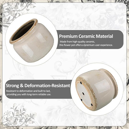 7.7″ Large Vintage Ceramic Plant Pot Pure Beige Rustic Planter with Ice Crackle Glaze & Drainage Hole for Indoor Outdoor Plants Farmhouse Home Kitchen Office Decor Gift for Women Teacher