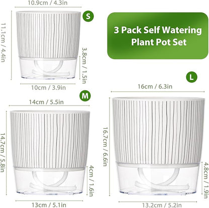3 Pack Self Watering Pots for Indoor Plants, 4+5.5+6.3 Inch Self Watering Plant Pots, Flower Pots with Wick Rope and Reservoir - Black Stripes