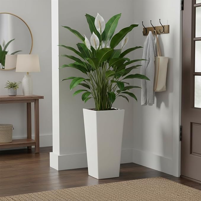 GreenShip 27 inch Tall Planters for Indoor Outdoor Plants, Set of 2 - Large Whitestone Flower Pots with Drainage & Inner Shelf, Modern Decorative Garden Pots for Porch, Patio, Front Door