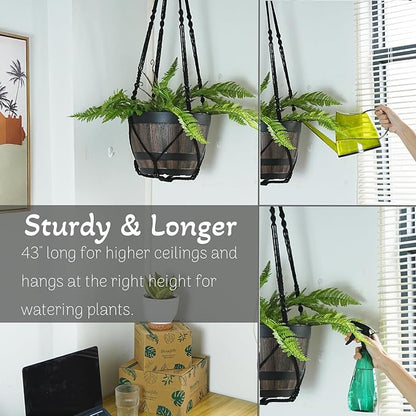 Large Macrame Plant Hanger Black 43 Inch Long for up to 12 Inch Pot No Tassel Cotton Rope Hanging Basket Plant Holder with Heavy Duty Ceiling Hooks