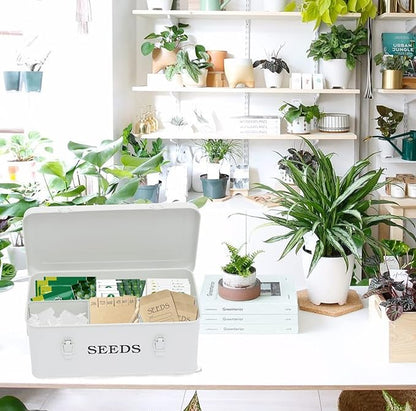Seed Storage Box Metal Seed Container Seed Packet Storage Organizer, Seed Storage Container with Lid Seed Envelope Storage Box-4 Compartments Garden Seed Box with Safety Locks-White