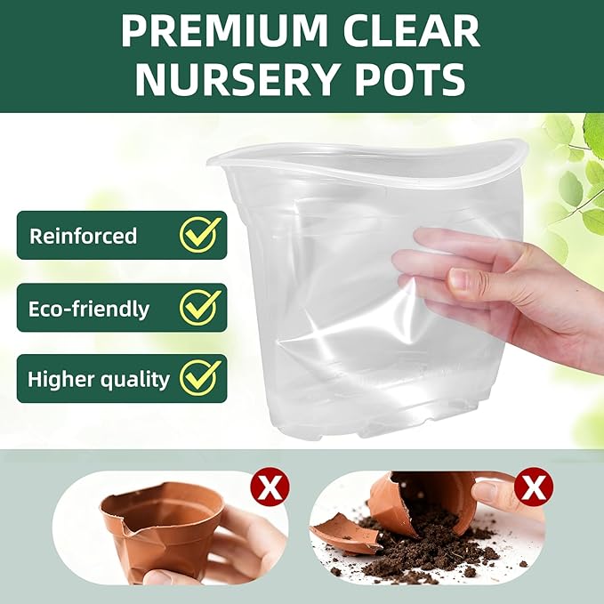 40 Pack10 & 8 Inch Large Clear Nursery Pots with Drainage,Plastic Ideal Seedling Pots and Plant Pots for Plants,Vegetables,Orchids,Aloe,Indoor Outdoor Use
