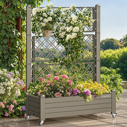 DWVO 3.6 x 1.5 x 5 FT Raised Garden Bed with Trellis, Large Outdoor Planter Trellis Box with Drainage Holes and Wheels for Climbing Plants, Light Brown