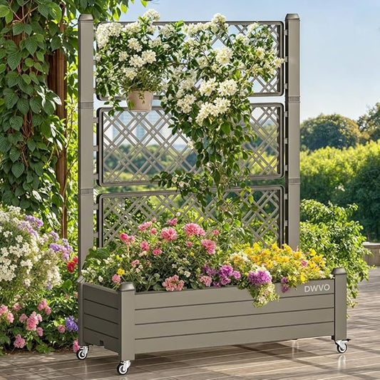 DWVO 3.6 x 1.5 x 5 FT Raised Garden Bed with Trellis, Large Outdoor Planter Trellis Box with Drainage Holes and Wheels for Climbing Plants, Light Brown