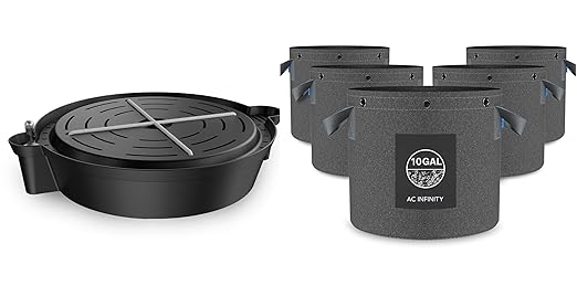 AC Infinity 10-Gallon Fabric Pots & Self-Watering Base XL Bundle – 5 Heavy-Duty Grow Bags with 4 Extra Large Auto-Irrigation Water Delivery Saucers for Indoor Tents, Greenhouses, and Gardens