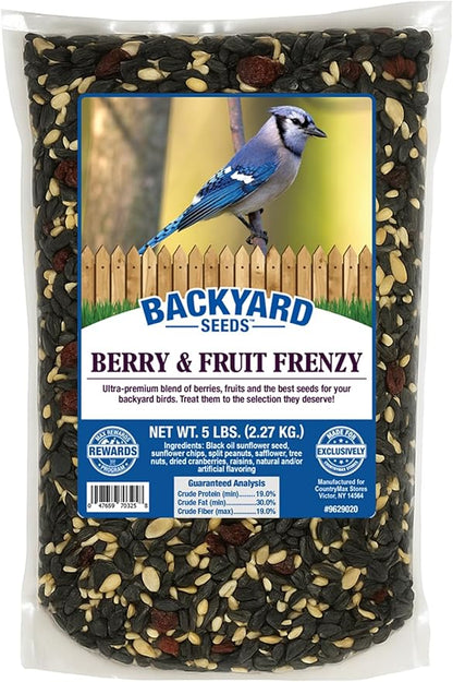 CountryMax Backyard Seeds Berries 'N Fruit Bird Seed Mix 5lbs - Premium Blend with Dried Fruit & Berries, Large Bag of Wild Bird Food