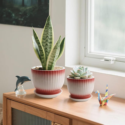 6.7 + 5.5 Inch Ceramic Plant Pots,Set of 2,Planters with Drainage Hole and Saucer,Flower pots for Indoor Plants,Elegant Design(Pink + White,