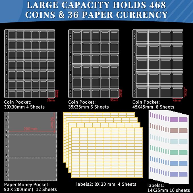 SelfTek Fireproof C-oin Collection Book Holder for Collectors, 468 Pockets C-oin Album&36 Paper Currency Binder Sleeves with Collection Labels, C-oin Storage Organizer G-ifts for Pennies, Bills,Tokens