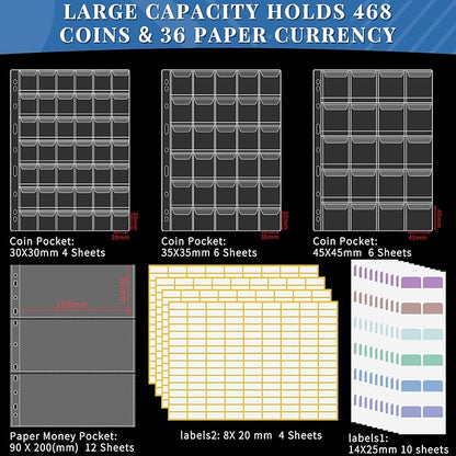 SelfTek Fireproof C-oin Collection Book Holder for Collectors, 468 Pockets C-oin Album&36 Paper Currency Binder Sleeves with Collection Labels, C-oin Storage Organizer G-ifts for Pennies, Bills,Tokens