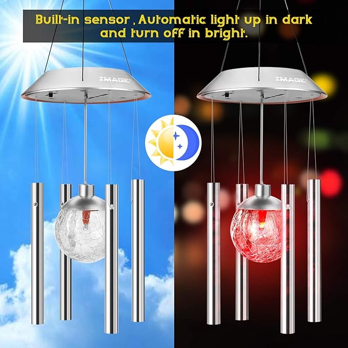 IMAGE Solar Wind Chime Outdoor Hanging Lights Crackle Glass Ball Wind Chimes Color Changing Lights with Metal Tube Hanging Garden Lights for Patio Yard Home Decor Gifts for Mom Women