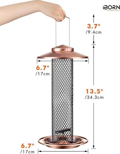 iBorn Peanut Bird Feeder,Sunflower Seed Feeder,13.5 Inch Metal Mesh Tube Bird Feeders for Outdoors Hanging,Squirrel-Proof Birdfeeders for Peanut with 17cm Weatherproof Roof & Tray,2 LB Capacity,Copper