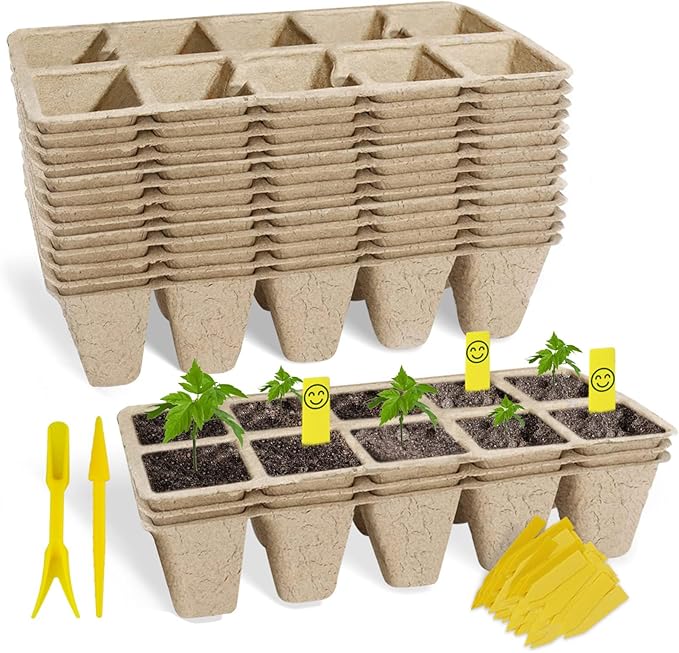 SYITCUN Seed Starter Tray 100 Cells, Biodegradable Peat Pots for Seedlings, 10 Pack 1.8" Square Pulp Nursery Cups with 100 Plant Labels and 2 Transplant Tools for Vegetable Herb