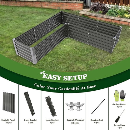 A ANLEOLIFE 2 Set L-Shaped Galvanized Raised Garden Beds Outdoor,74x74x18in Large Metal Planter Box for Planting Vegetables Flowers Herb, Anti-Rust & Easy-Setup, Quartz Grey
