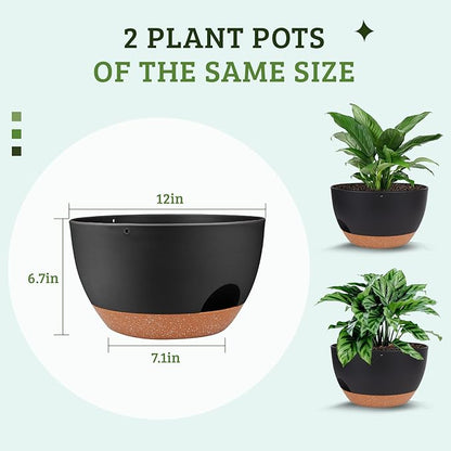 Plant Pots 12inch Self Watering Pots, Set of 2 Plastic Planters with Drainage Holes and Saucers, Flower Pots for Indoor Outdoor Plants (Black)