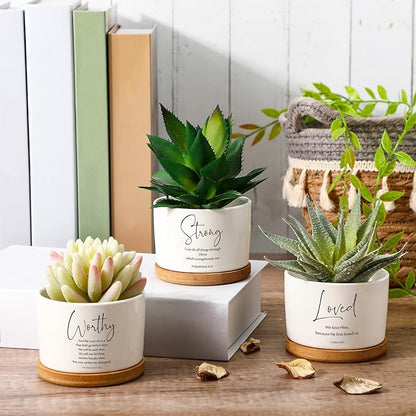 Sieral 6pcs Bible Verse Succulent Pots 3 x 3 x 2 Inch Mini Ceramic Succulent Planters with Bamboo Tray Small Plant Pots Christian Gift for Church Women Men Pastor, Plants Not Included (Bright)