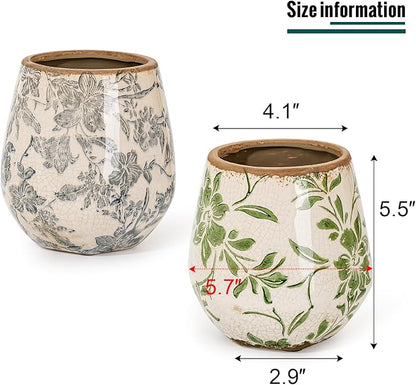 Sungmor Vintage Ceramic Planter Set of 2 - Decorative Indoor & Outdoor Flower Pots with Drainage Holes - Tuscan Décor Pots, 5.7" Ice Crackle Glaze Planters for Home, Kitchen, Patio, and Garden