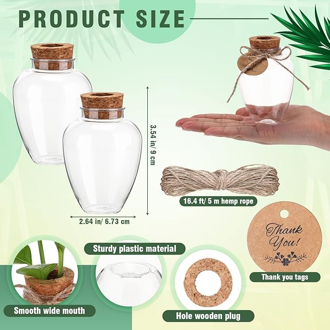 Baderke 24 Pack Big 10oz Plastic Plant Propagation Stations with Hole Lid Planter Vase Clear Propagation Jars with Thank You Tags for Plant Lover Gifts for Women Office Home Garden