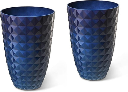 Glitzhome 19.75"H Tall Planters for Outdoor Plant,Tall Outdoor Planters with Drainage Holes,Faux Ceramic Diamond Textured,Large Gradient Cobalt Blue Planter Garden Flower Pots for Porch,Patio,Set of 2