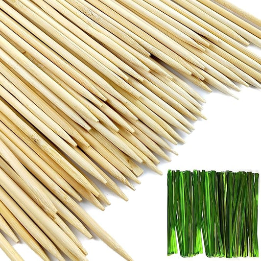 TIHOOD 100PCS 18" Wooden Garden Stakes with 100PCS 4" Garden Ties, Green Bamboo Sticks, Floral Plant Support, Tomato Stakes (Natural)