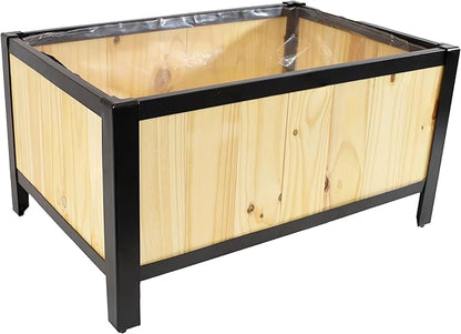 Sunnydaze Steel-Framed Acacia Wood Rectangular Planter Box - 15.5" H Wooden Raised Garden Bed with Removable Planter Bag - Natural