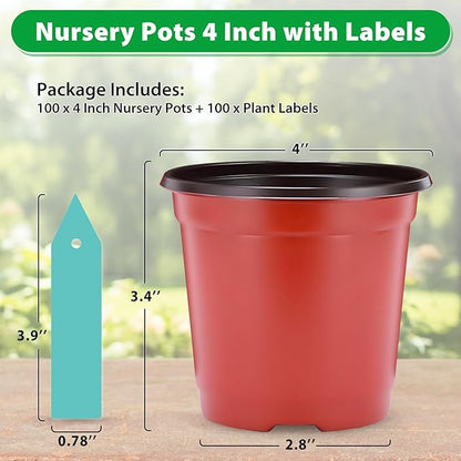 Sfee 100 Pack Plant Nursery Pots 4 inch Plastic Plant Pots, Soft Durable Reusable Seed Starting Pots for Succulents Plants Vegetables Fruits Seedlings Cuttings Transplanting with 100 Plant Labels