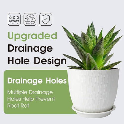 GARDIFE Plant Pots 10/9/8/7.5/7 Inch Plant Pots, Set of 5 Plastic Planters with Drainage Holes and Saucers,Plastic Flower Pots,Nursery Planting Pot for Indoor Out Door Plants (White)