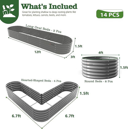 A ANLEOLIFE 14-Piece 18 Inch Tall Raised Garden Beds Kit, Heart-Shaped, Large Oval & Round Metal Planters – Ideal for Backyard Vegetables Flowers Herbs, Quartz Grey