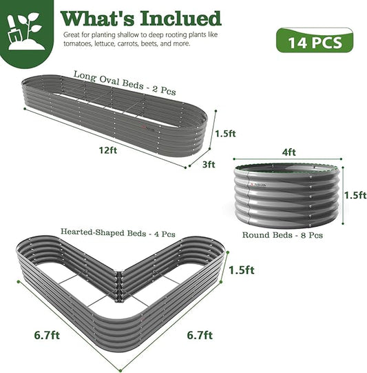 A ANLEOLIFE 14-Piece 18 Inch Tall Raised Garden Beds Kit, Heart-Shaped, Large Oval & Round Metal Planters – Ideal for Backyard Vegetables Flowers Herbs, Quartz Grey