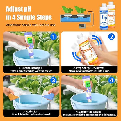 pH Down & pH Up for Hydroponics, pH Control Kit for Hydroponic Nutrients – 250ml pH Down and 250ml(8.45oz/250ml Each) pH Up with 2×50ml Beakers for Nutrient Water pH Adjustment