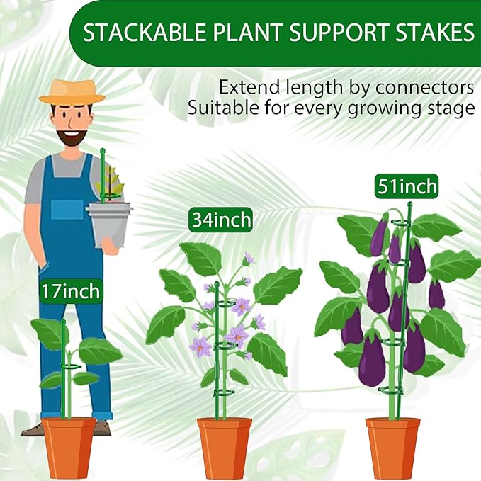 10Pcs Plant Support Stakes, 17inch Garden Orchid Sticks Extended to 3ft 4ft Orchid Sticks with Clips for Indoor Outdoor Plants,Garden Stakes for Tomato,Orchid,Vegetables,Monstera