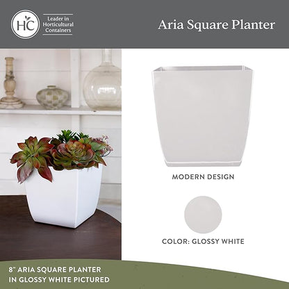 The HC Companies 8 Inch Aria Square Self Watering Planter - Plastic Plant Pot for Indoor Outdoor Plants Flowers Herbs, Glossy White