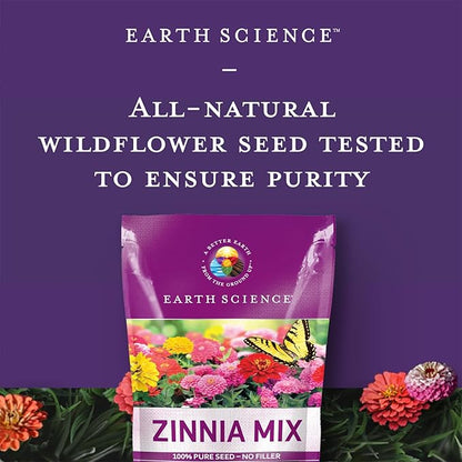 Earth Science Zinnia Seeds - 4oz – Premium Easy-to-Grow, Hearty, Bright and Vibrant Flower Blooms to Enhance Visual Aesthetics of Home & Garden, and Attract Pollinators - Non GMO