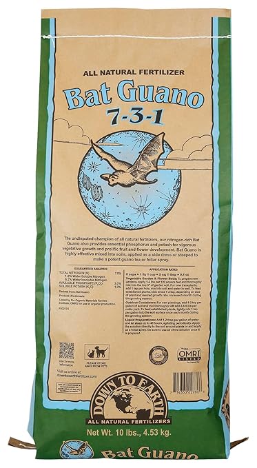 Down To Earth All Natural Fertilizers Organic Bat Guano - High Nitrogen Plant Food for Vegetative Growth 7-3-1, 10 lb