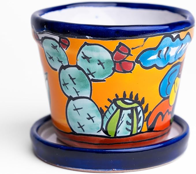 Talavera Mexican Pottery Planters with Saucer 4" Rancherito - Cactus - Sun Pot Hand Painted Ceramic Plant Pot Planter Indoor Outdoor (Rancherito)