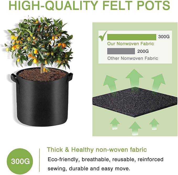6 Pcs 5 Gallon Grow Bags for Vegetable, Heavy Duty Thickened Nonwoven Fabric Pots with Handles, Durable Breathe Plant Container for Potato, Carrot, Onion, Flower, Indoor and Garden