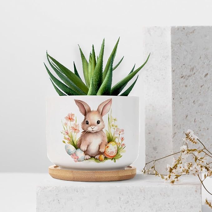 DreamAutumn Planters Ceramic Cute Easter Bunny Rabbit Ceramic Pots with Drainage Holes Round Flowerpot Bamboo Tray Plant Pots for Succuelnt and Little Snake Plants Pots for Nana Mommy Grandma
